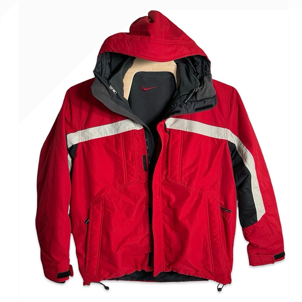 Nike Mens Hooded Winter Jacket Red Black Colorblock Fleece Lined Parka Large